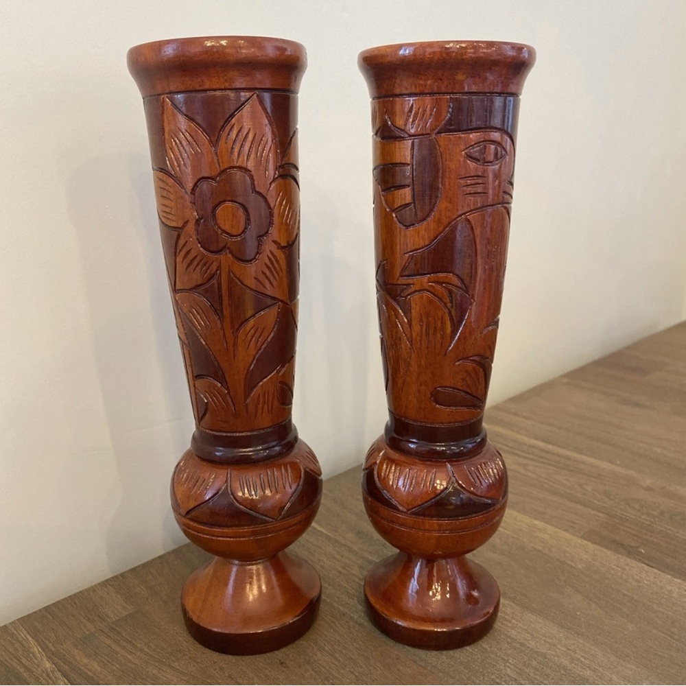 Vintage Hand Carved Wooden Vases Floral Leaf Design Tiki Bar Decor Art Pair
